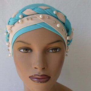 Blue/White Instant Turban Trendy Cap  Braided Pearl Bead Fashion Hijab Headcover